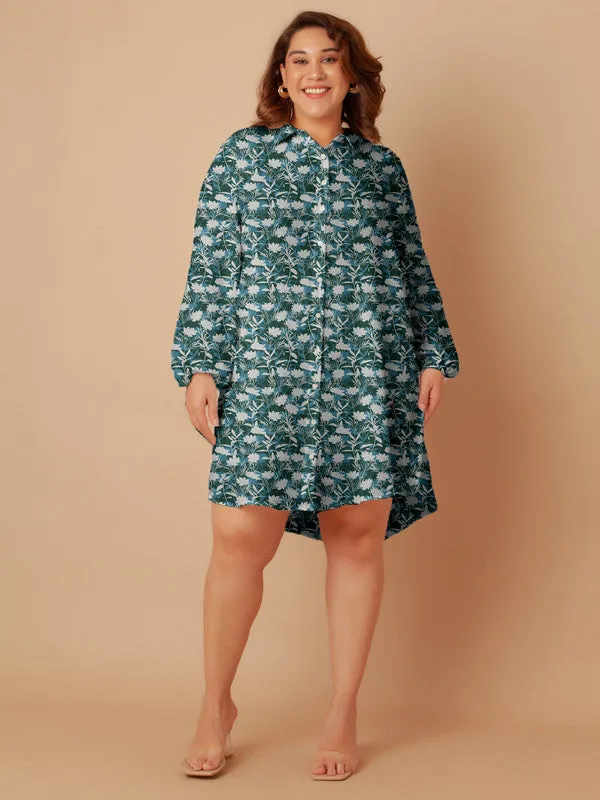 Green Floral Print Buttoned Long Shirt