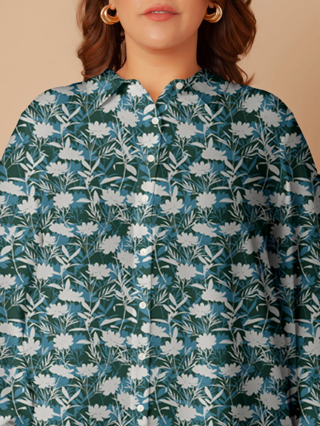 Green Floral Print Buttoned Long Shirt