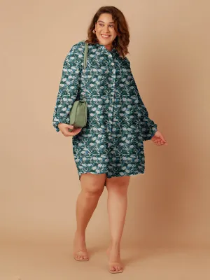 Green Floral Print Buttoned Long Shirt