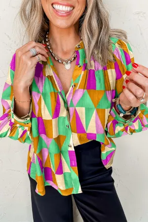 Green Geometric Print Buttoned Balloon Sleeve Loose Fit Shirt