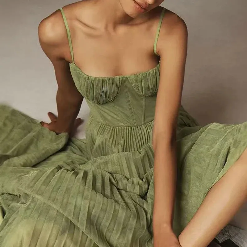 Green Pleated A-Line Dress