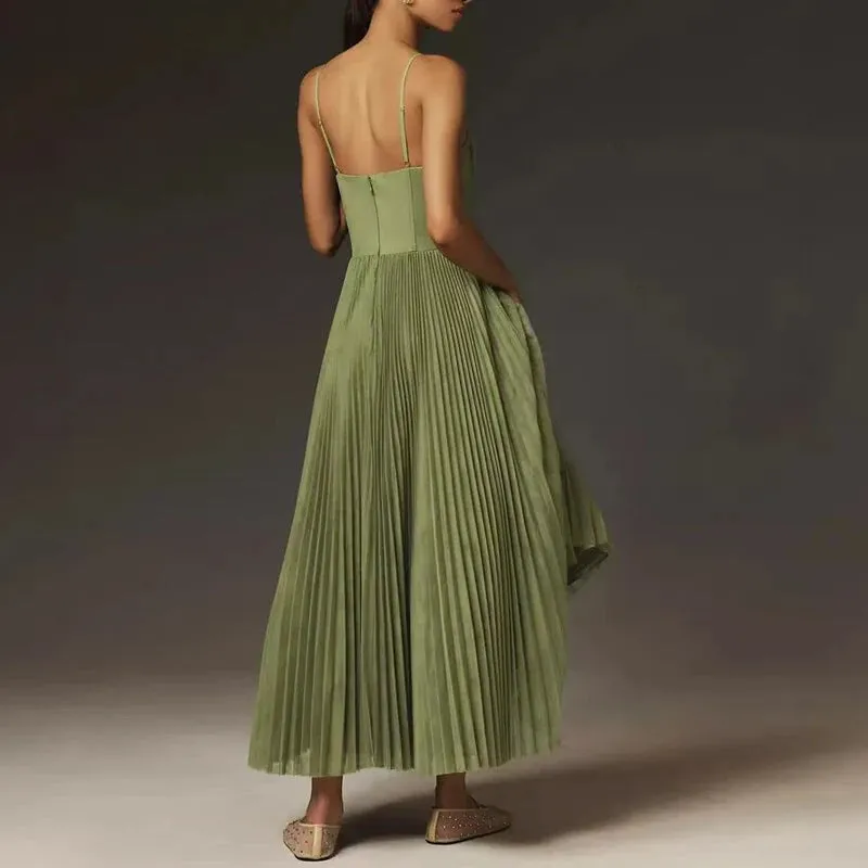 Green Pleated A-Line Dress