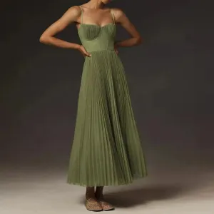 Green Pleated A-Line Dress