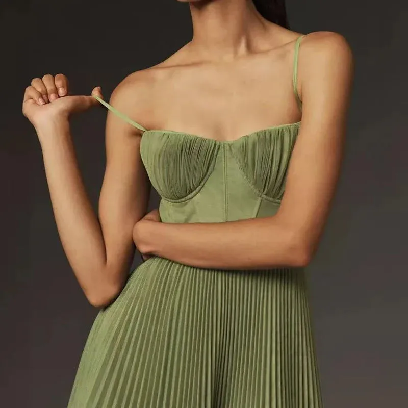 Green Pleated A-Line Dress