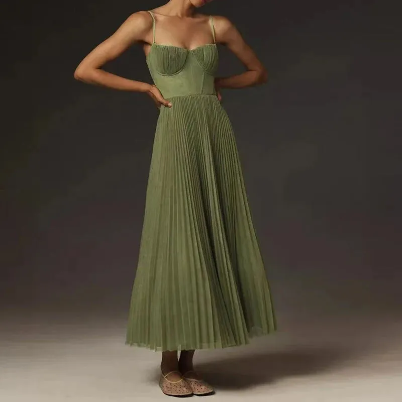 Green Pleated A-Line Dress