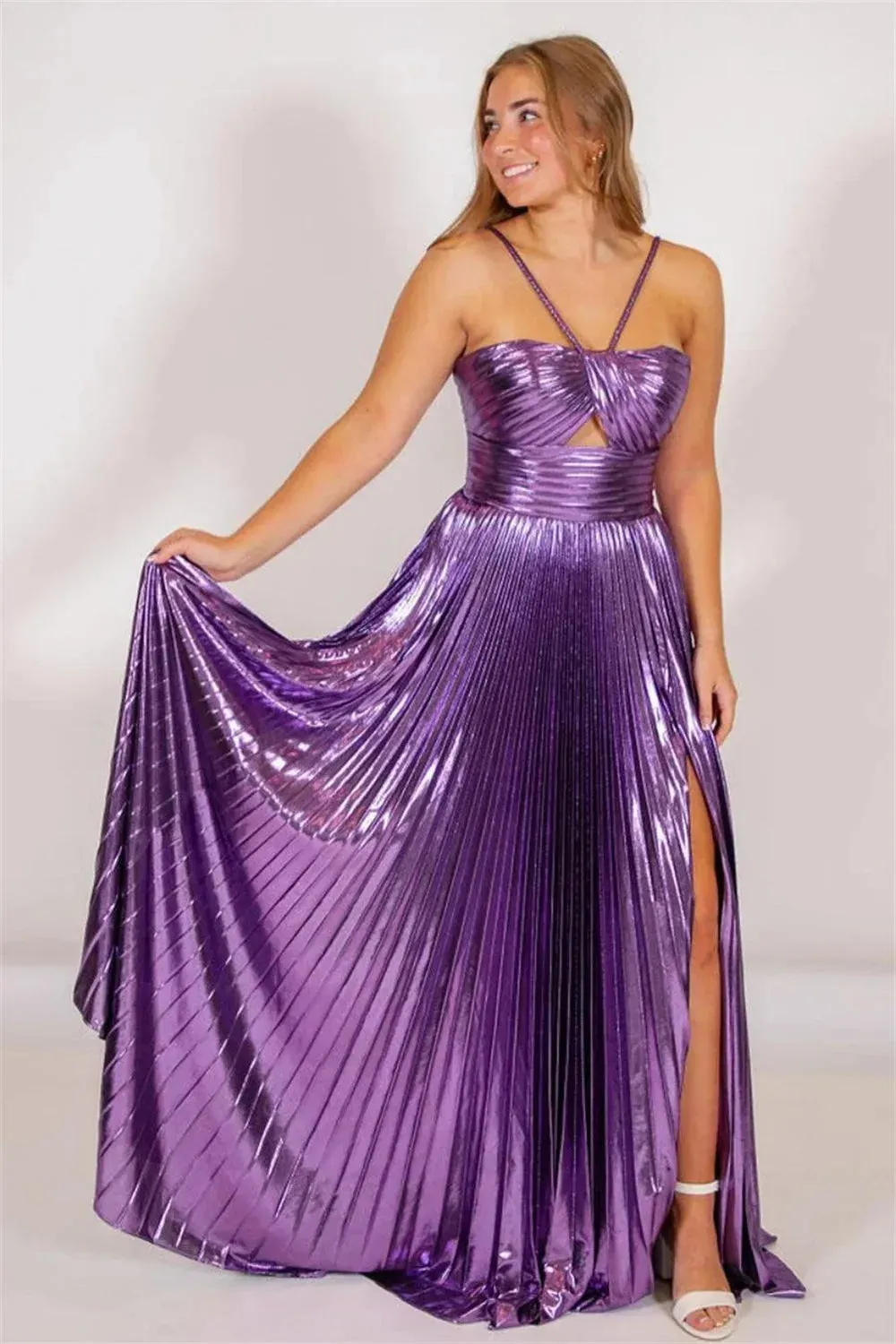 Halter Neck Pleats Prom Dresses Side Split A-line Wedding Dress Elegant Sleeveless Floor-Length Vestidos De Fiesta