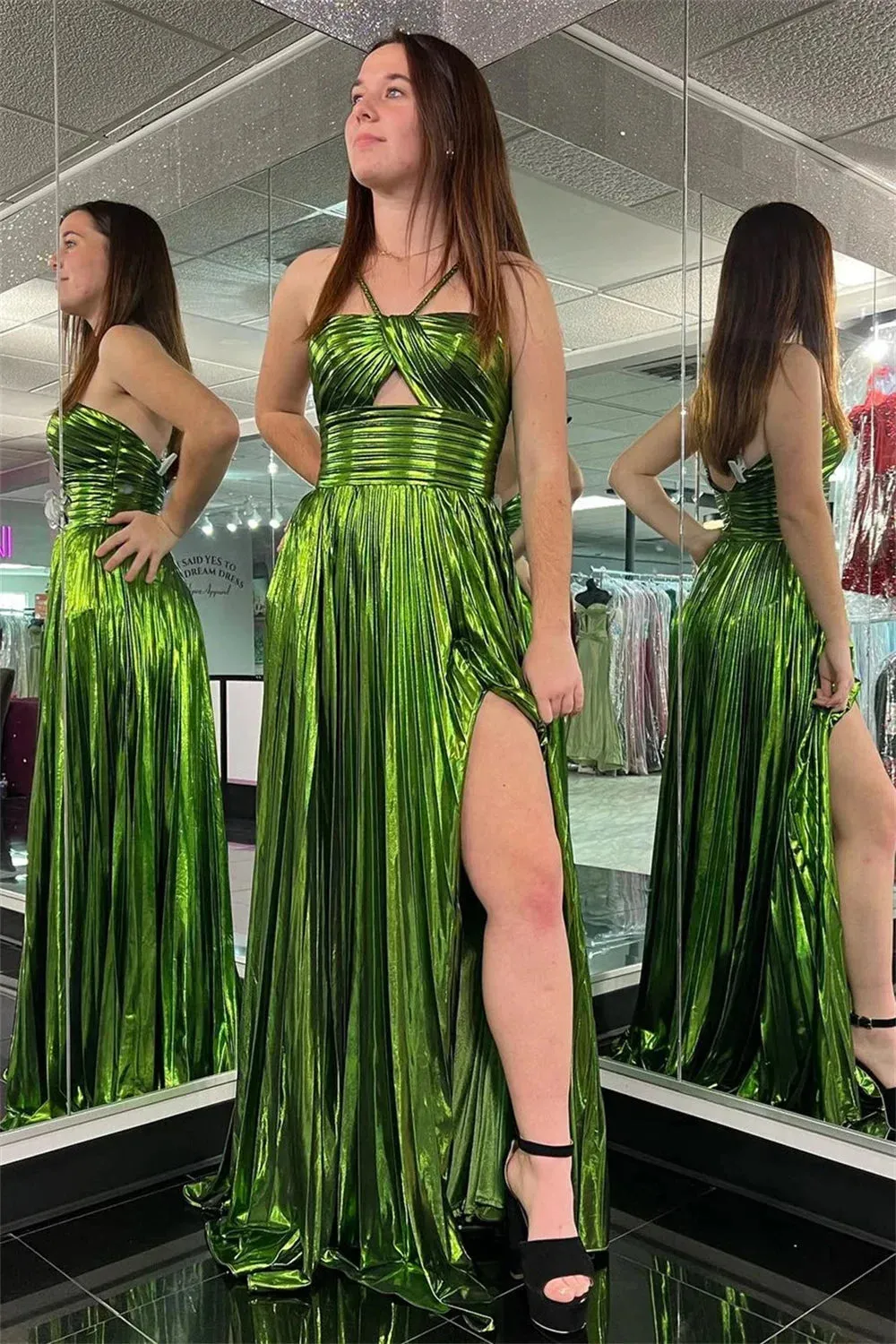 Halter Neck Pleats Prom Dresses Side Split A-line Wedding Dress Elegant Sleeveless Floor-Length Vestidos De Fiesta