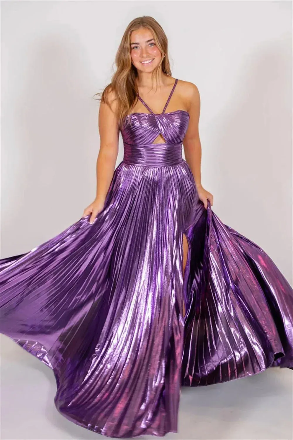 Halter Neck Pleats Prom Dresses Side Split A-line Wedding Dress Elegant Sleeveless Floor-Length Vestidos De Fiesta