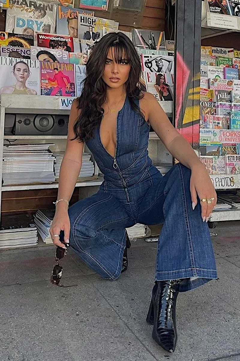 Heartback Zip-up Denim Jumpsuit