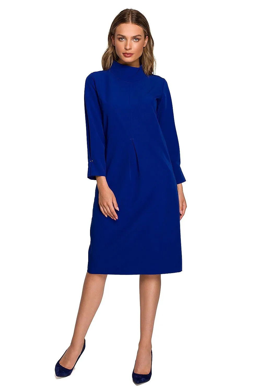 High-Collar Pleated A-Line Dress
