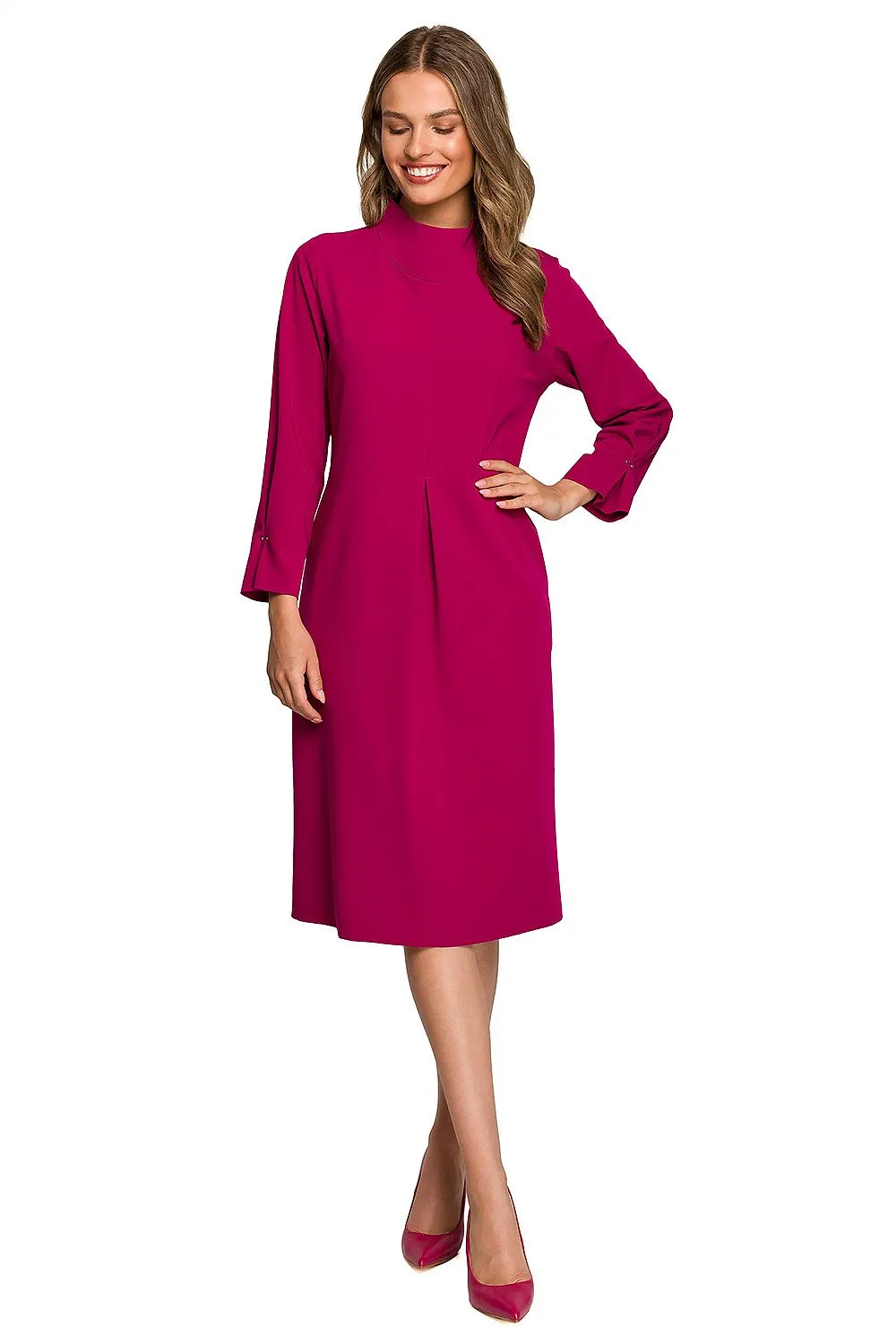 High-Collar Pleated A-Line Dress