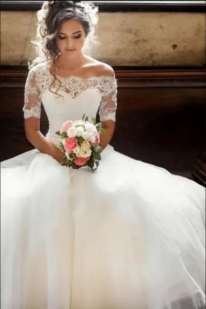 Illusion Off-the-shoulder Princess Wedding Dress with Sleeves