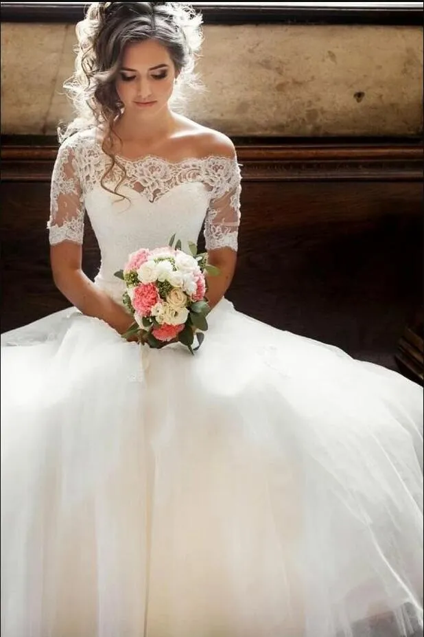 Illusion Off-the-shoulder Princess Wedding Dress with Sleeves