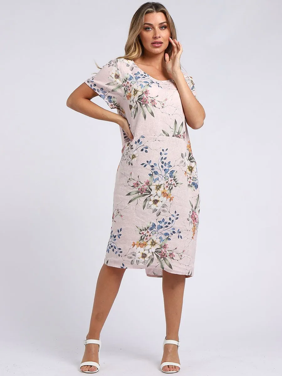 Italian Classic Shift Bouquet Soft Pink Linen Dress Sz 10-16