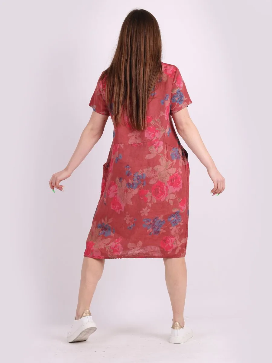Italian Classic Shift Rose Rust Linen Dress Sz 10-16