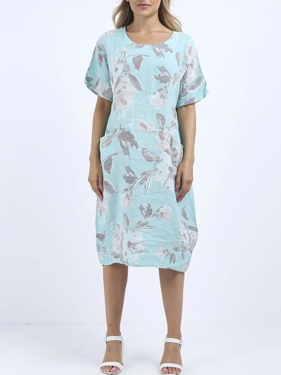 Italian Straight Shift Pastel Floral Tiffany Linen Dress Sz 12-18