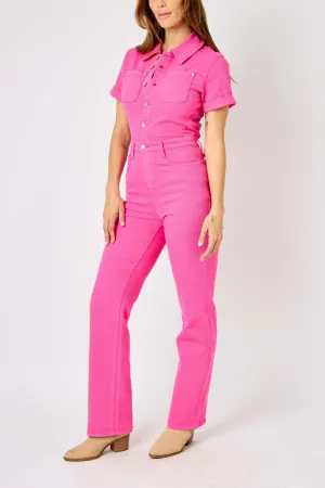 Judy Blue High Rise Garment Dyed Short Sleeve Straight Leg Jumpsuit