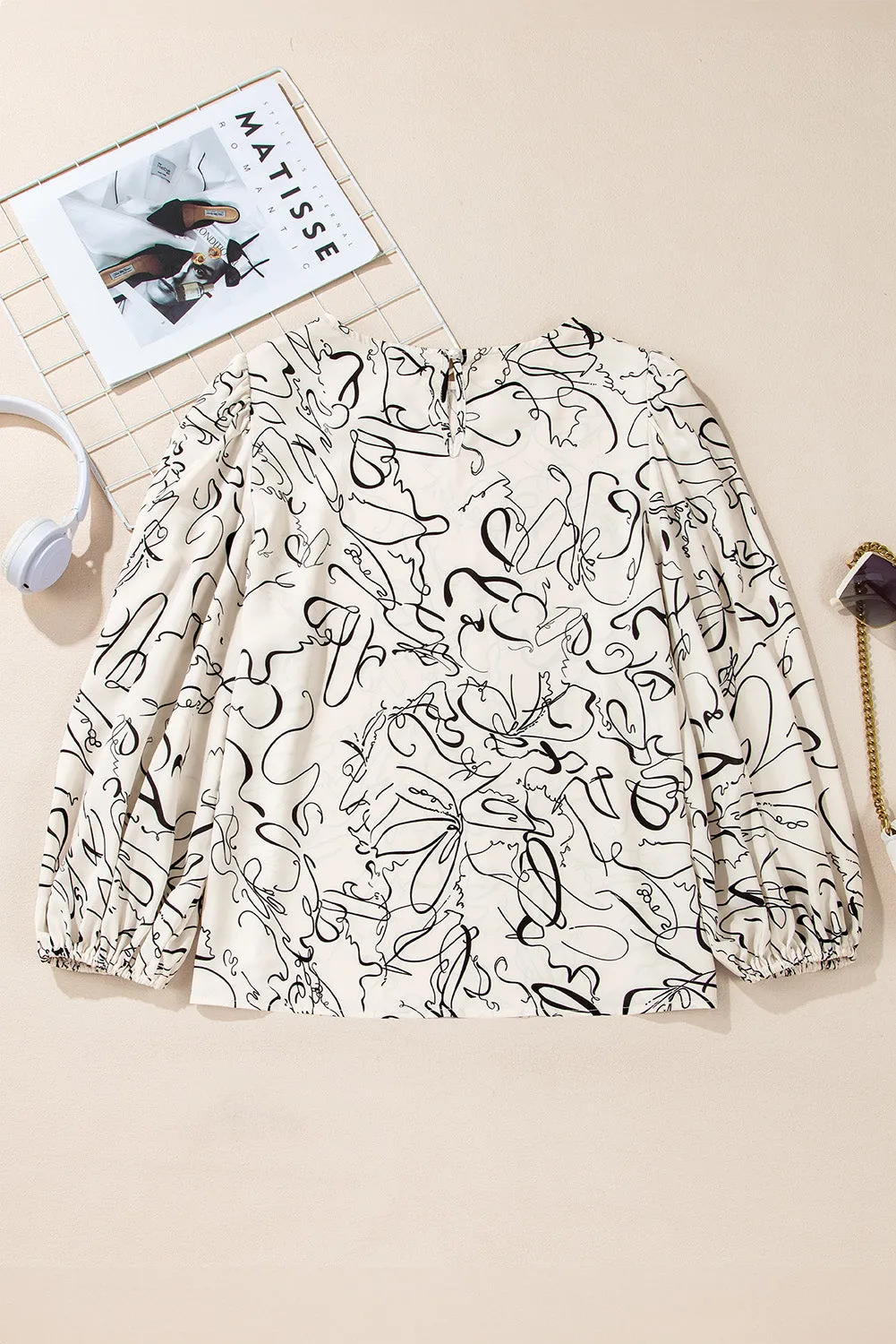 KaleaBoutique Abstract Print Balloon Sleeve Crew Neck Blouse
