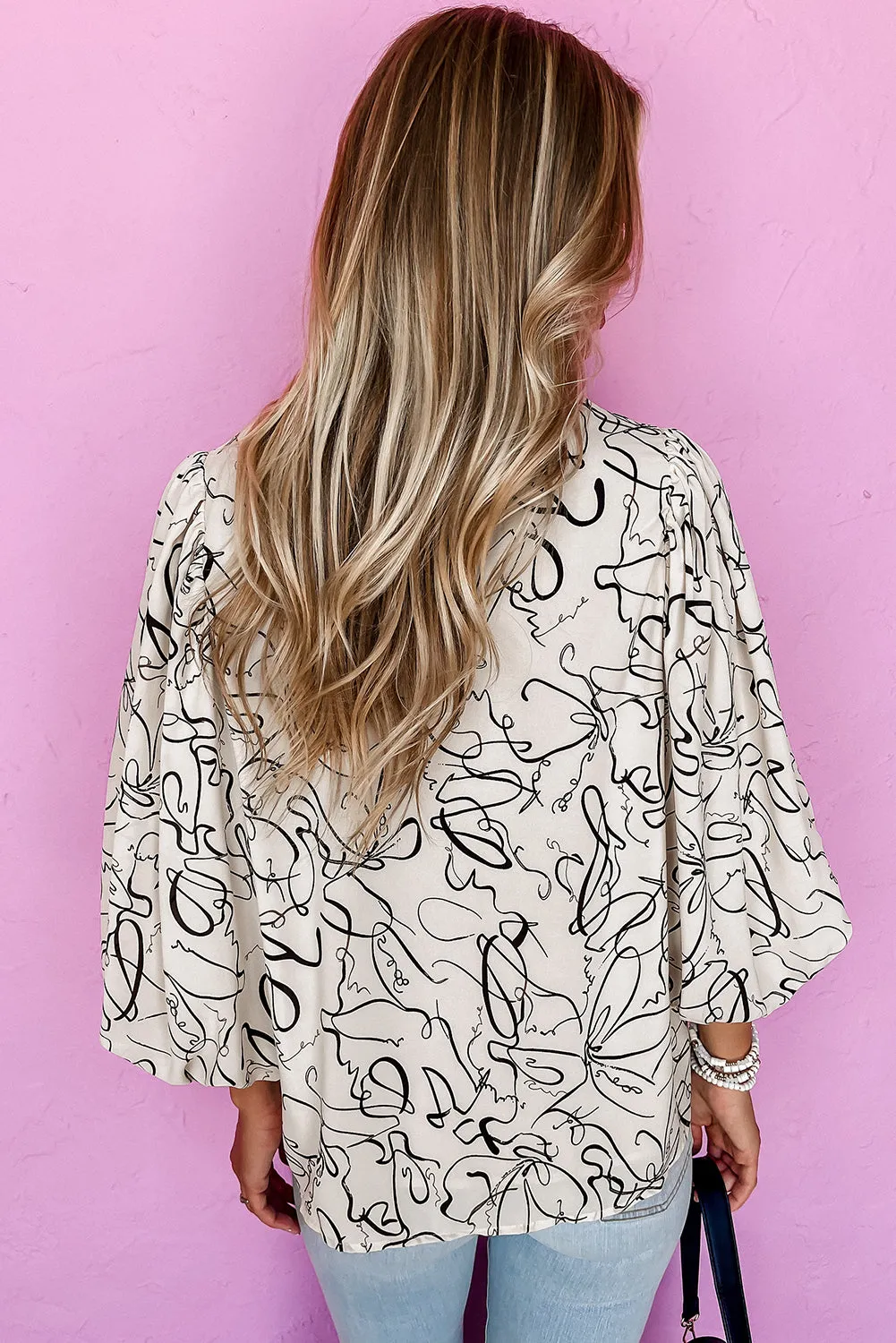 KaleaBoutique Abstract Print Balloon Sleeve Crew Neck Blouse
