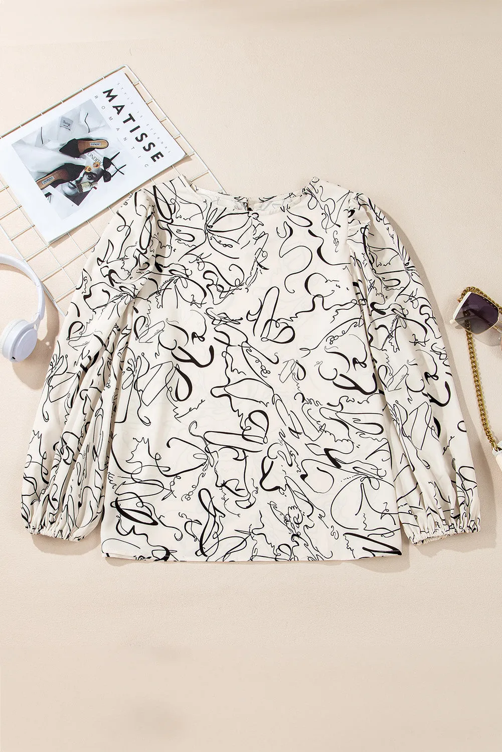 KaleaBoutique Abstract Print Balloon Sleeve Crew Neck Blouse
