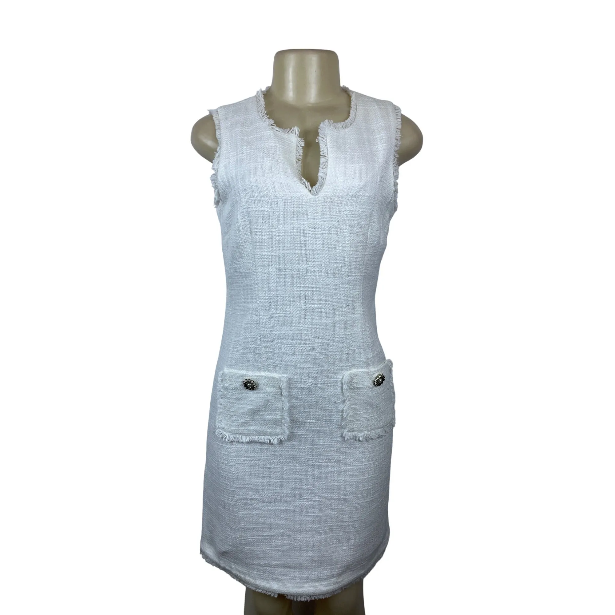 Karl Lagerfeld Paris Women's White Tweed Shift Dress With Front Pockets Sz 4