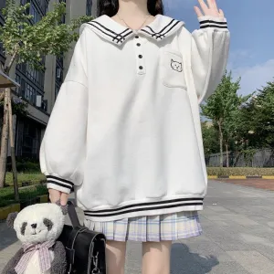 Kawaii Sailor Collar Cat Contrast Color Sweaters