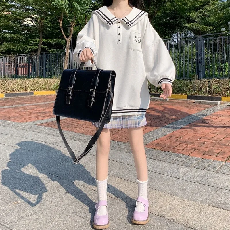 Kawaii Sailor Collar Cat Contrast Color Sweaters