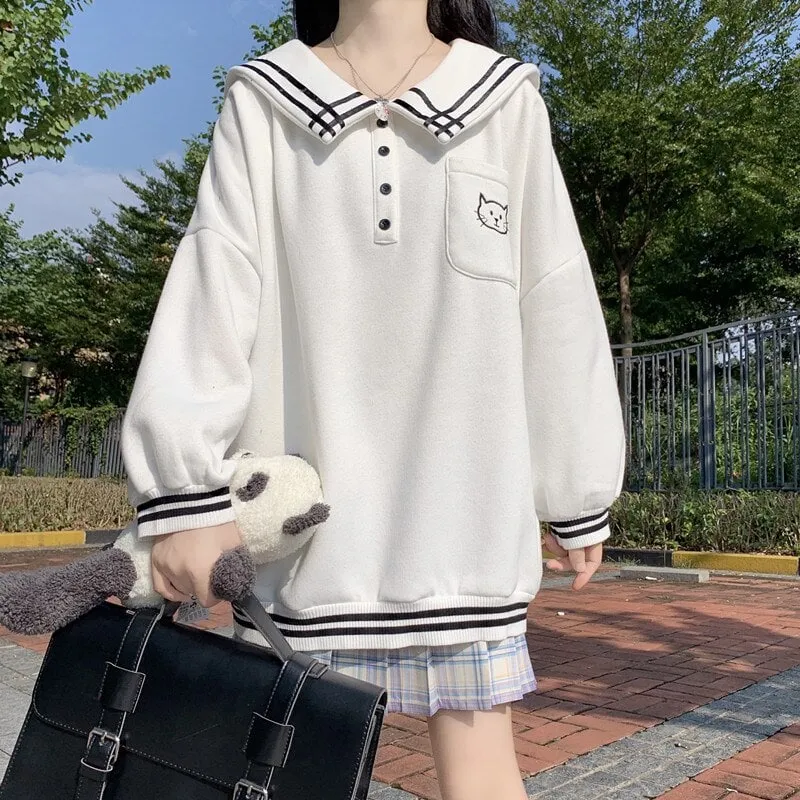 Kawaii Sailor Collar Cat Contrast Color Sweaters