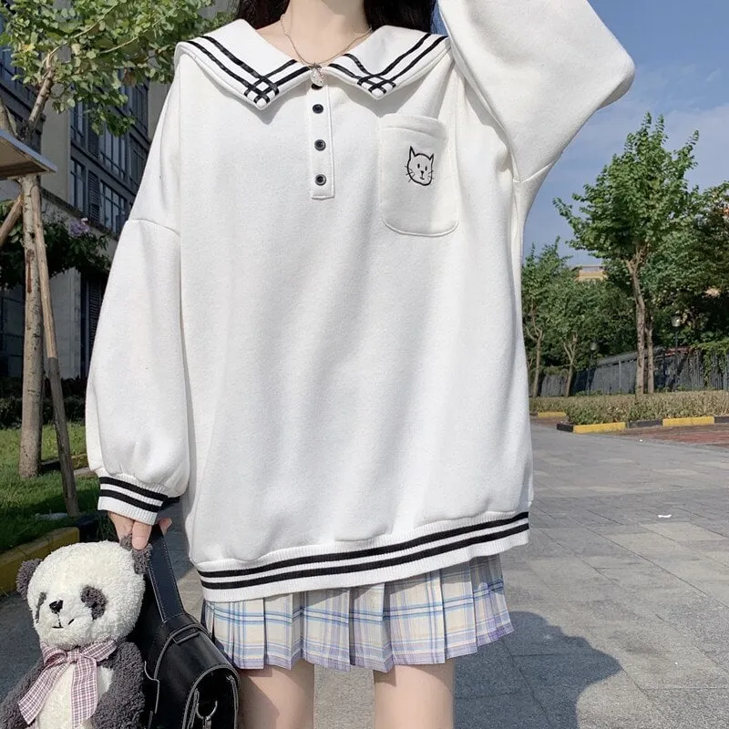 Kawaii Sailor Collar Cat Contrast Color Sweaters