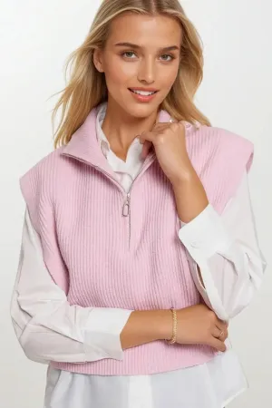 Knitted Vest with High Half-Zip Collar and Large Armholes in pink
