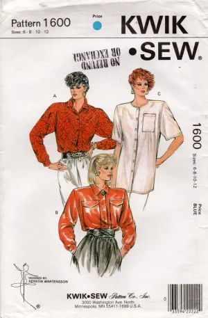 Kwik Sew 1600 Womens Loose Fitting Shirts 1980s Vintage Sewing Pattern Bust 32 - 37 inches UNCUT Factory Folded
