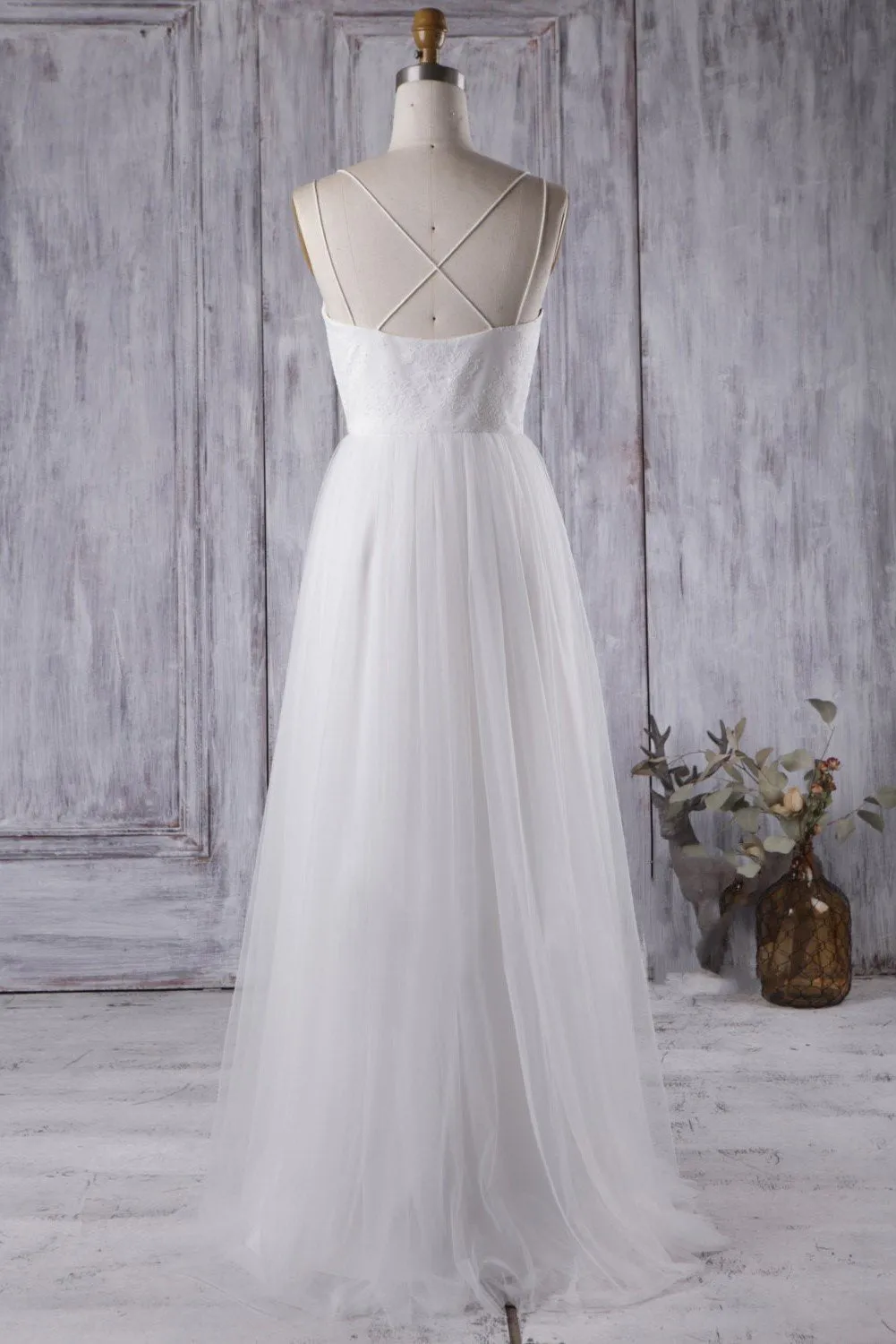 Lace&Tulle White Boho Wedding Dress with Strappy Back