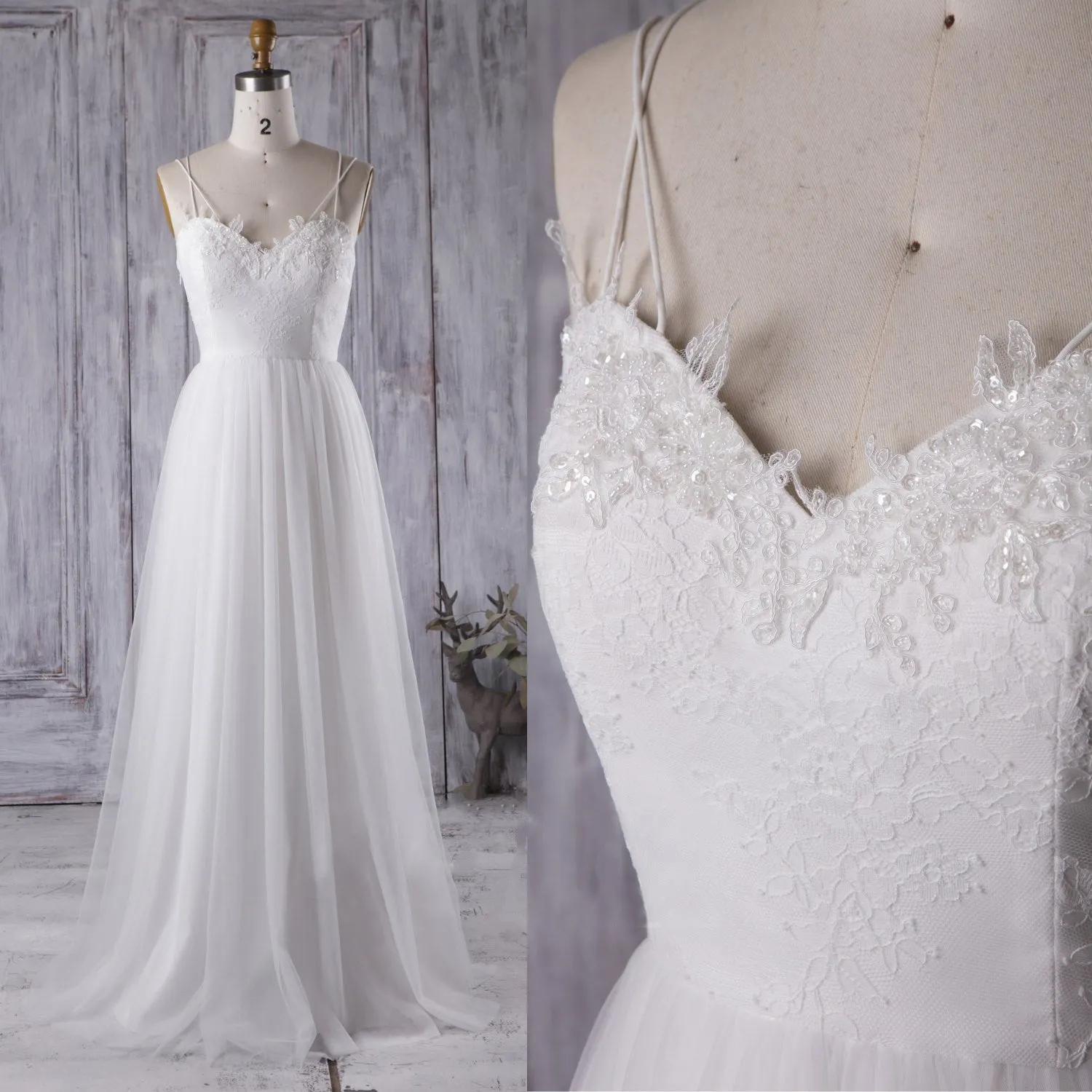 Lace&Tulle White Boho Wedding Dress with Strappy Back