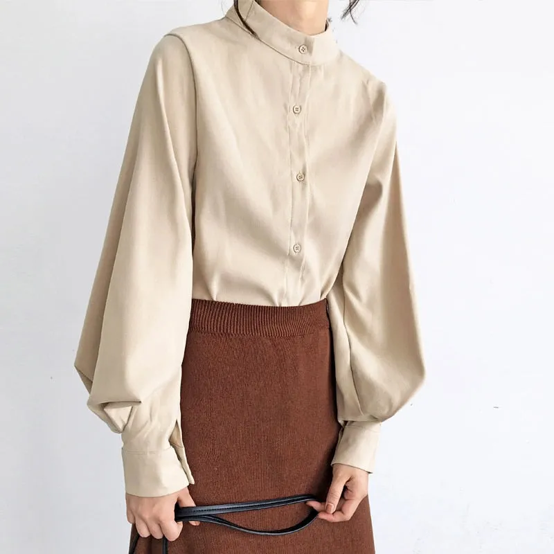Lantern Sleeve Stand Collar Blouse