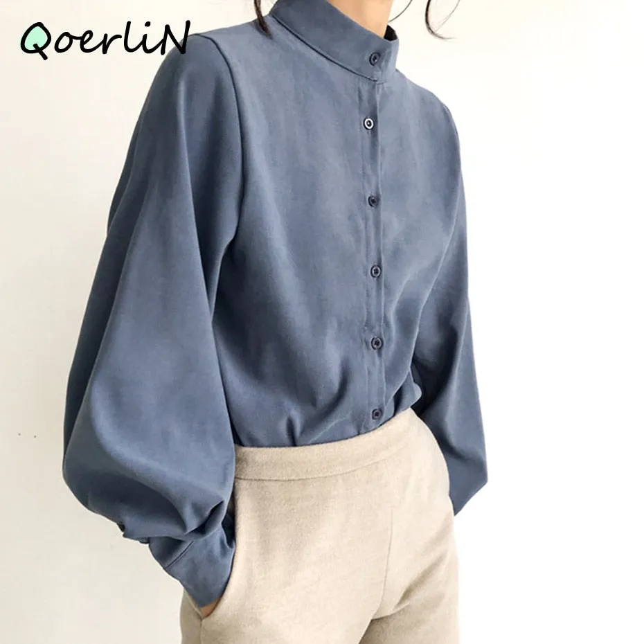 Lantern Sleeve Stand Collar Blouse