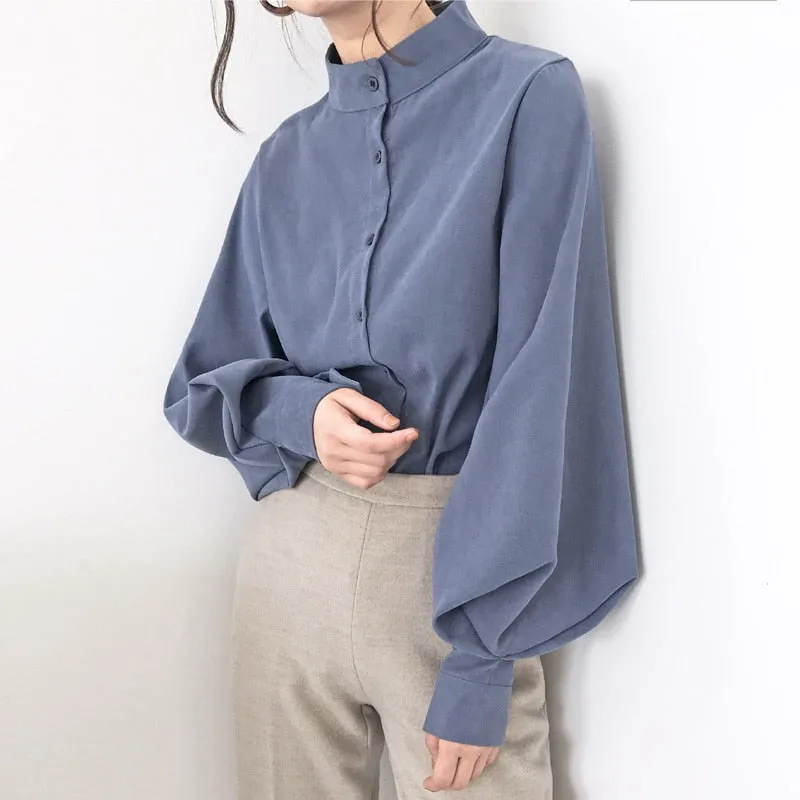 Lantern Sleeve Stand Collar Blouse
