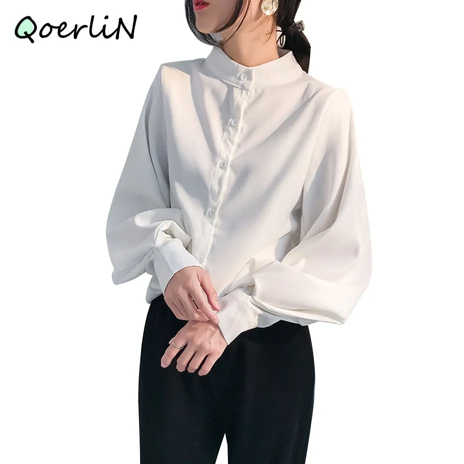 Lantern Sleeve Stand Collar Blouse