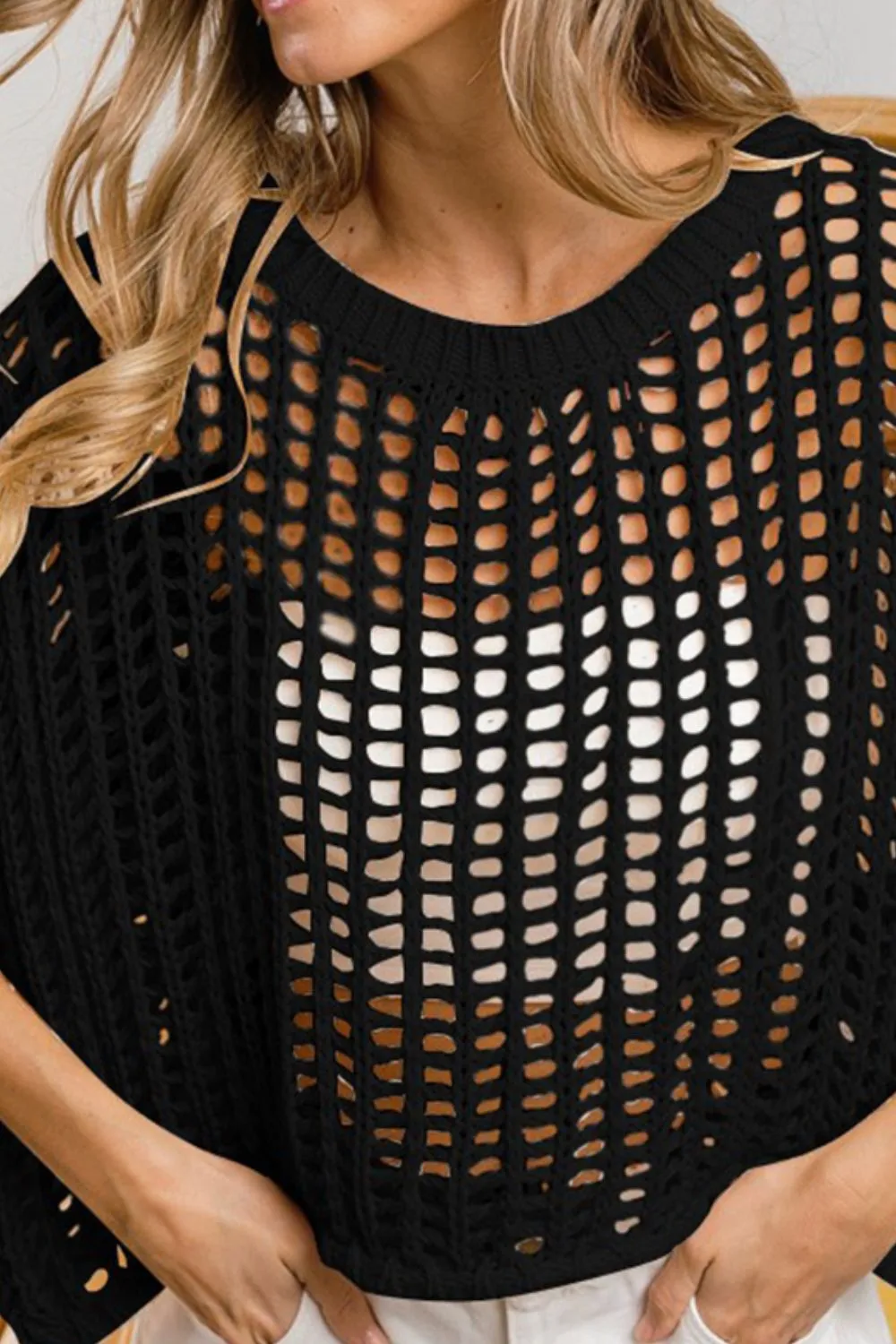 Lightweight Layers: BiBi Hollowed Out Short Sleeve Knit Cover Up for Warm Weather