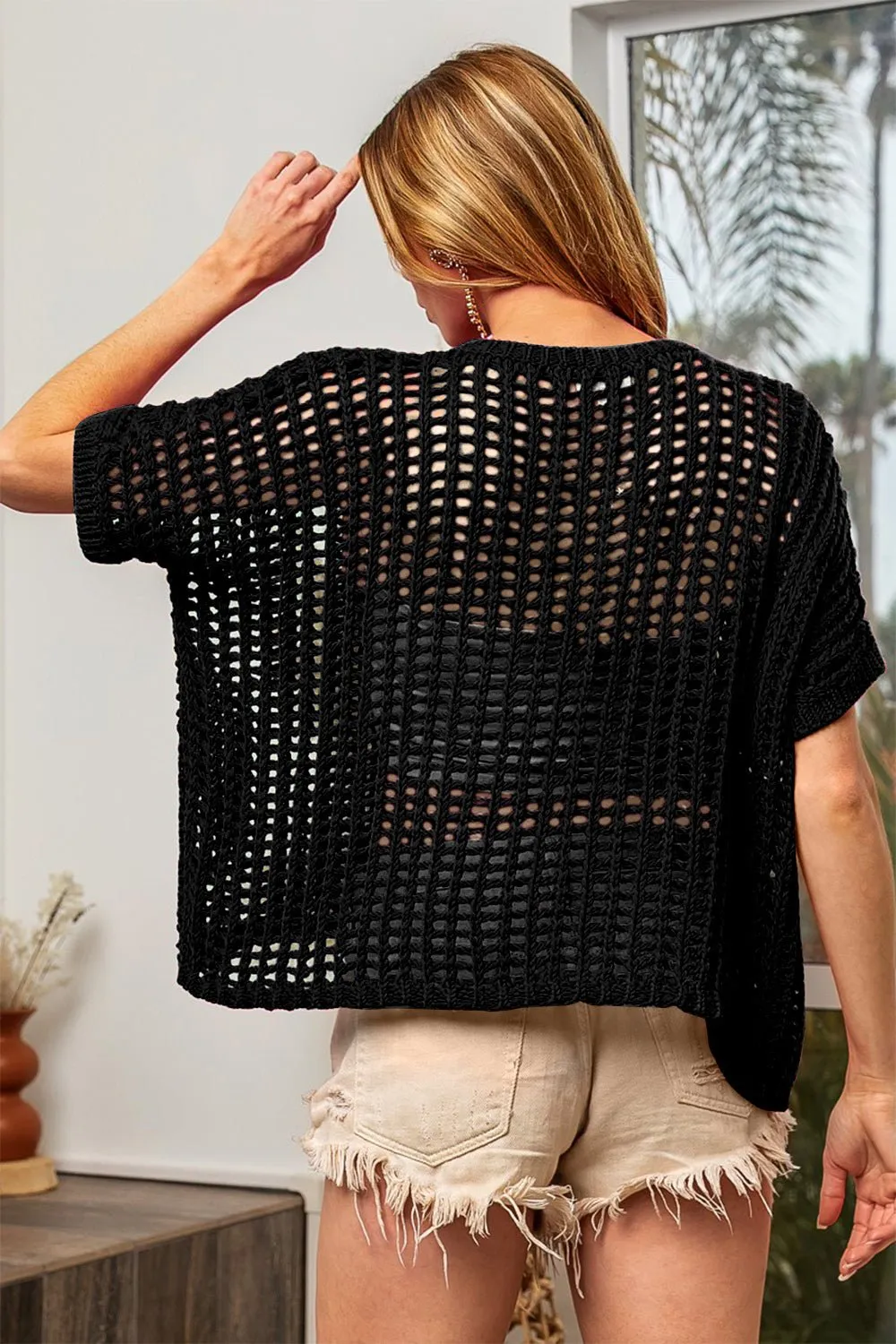 Lightweight Layers: BiBi Hollowed Out Short Sleeve Knit Cover Up for Warm Weather
