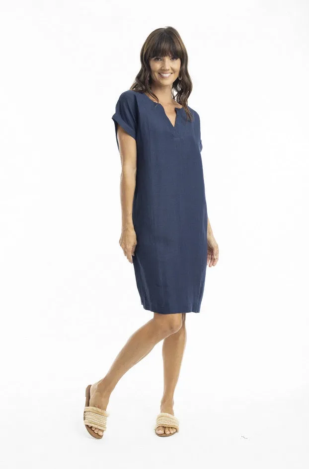 Linen Cap Slv Shift - Navy