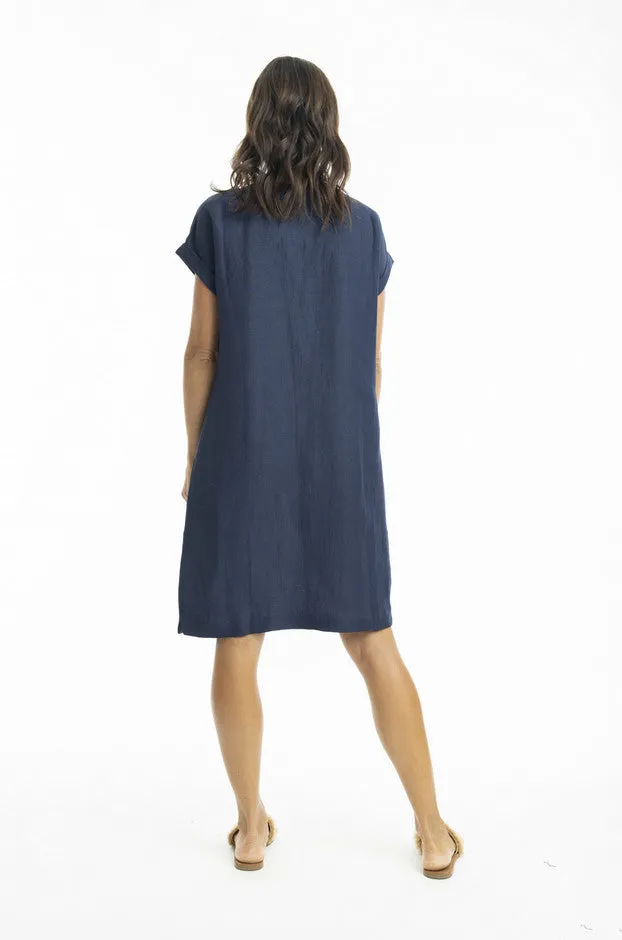 Linen Cap Slv Shift - Navy