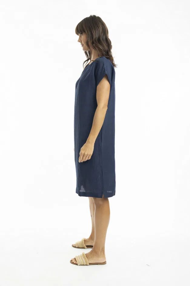 Linen Cap Slv Shift - Navy