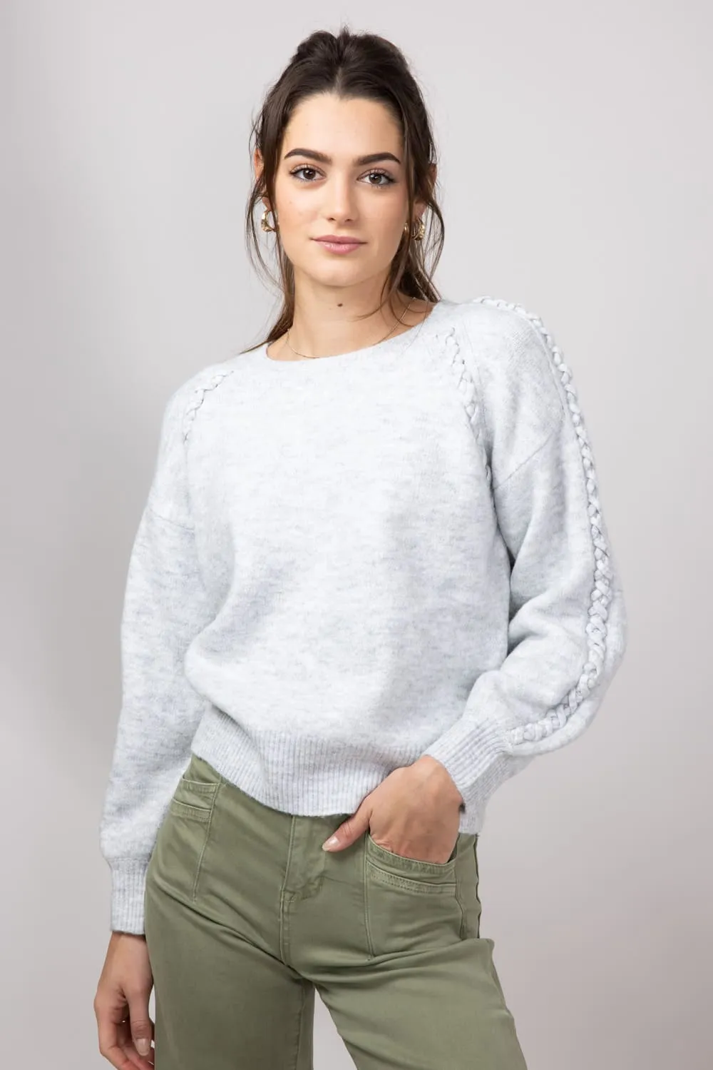 Long Sleeve Braided Detail Sweater for Women in Grey | MAS2648-GREY