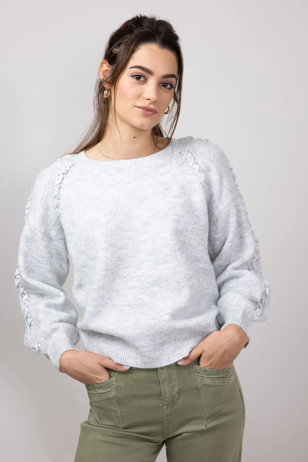 Long Sleeve Braided Detail Sweater for Women in Grey | MAS2648-GREY