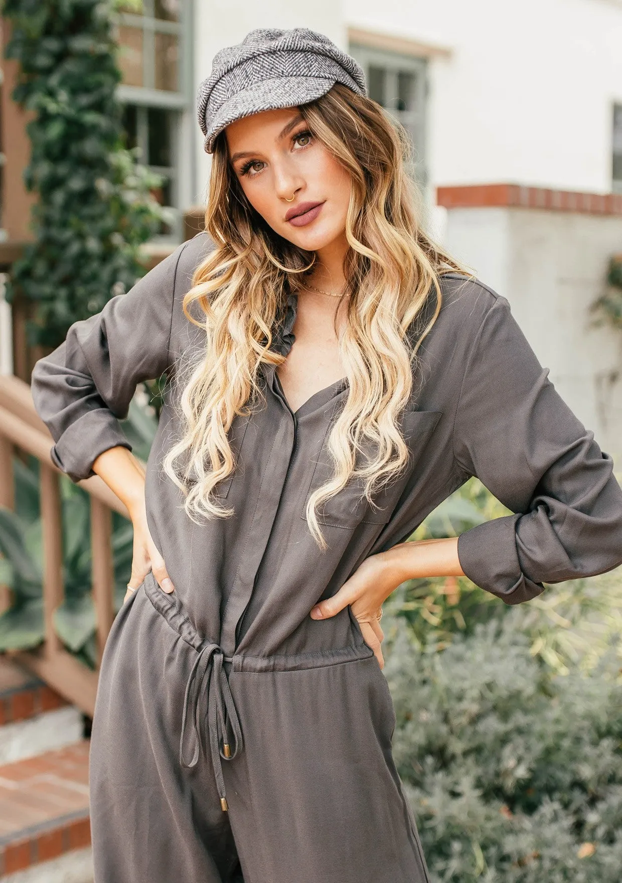 Long Sleeve Front Drawstring Wide Leg Jumpsuit