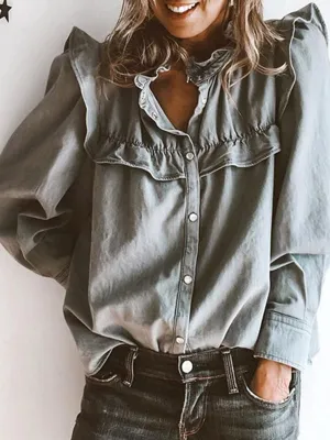 Long Sleeves Loose Buttoned Pleated Ruffled Solid Color Split-Joint Stand Collar Blouses&Shirts Tops