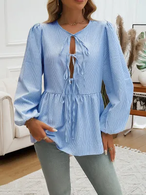 Long Sleeves Loose Elasticity Split-Joint Striped Tied Round-Neck Blouses&Shirts Tops
