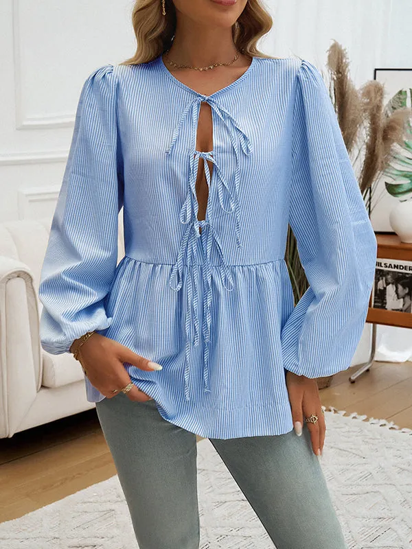 Long Sleeves Loose Elasticity Split-Joint Striped Tied Round-Neck Blouses&Shirts Tops