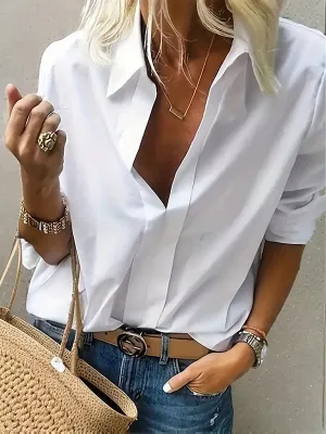 Long Sleeves Loose Solid Color Split-Joint Lapel Blouses&Shirts Tops