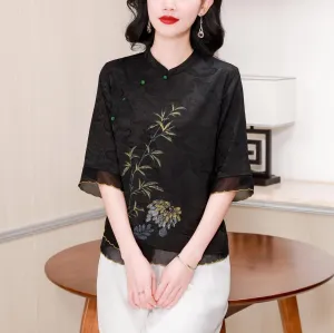 Loose-Fit Blouse Featuring Wrap Neckline and Five-Quarter Sleeves